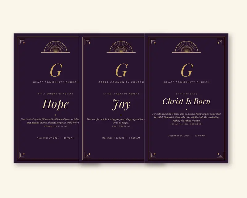 Dark elegant Advent bulletins (Sample design, fictional church)