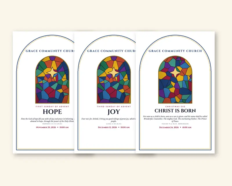Stained glass Advent bulletins (Sample design, fictional church)
