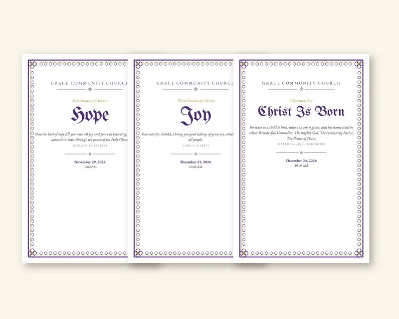 Traditional liturgical Advent bulletins (Sample design, fictional church)