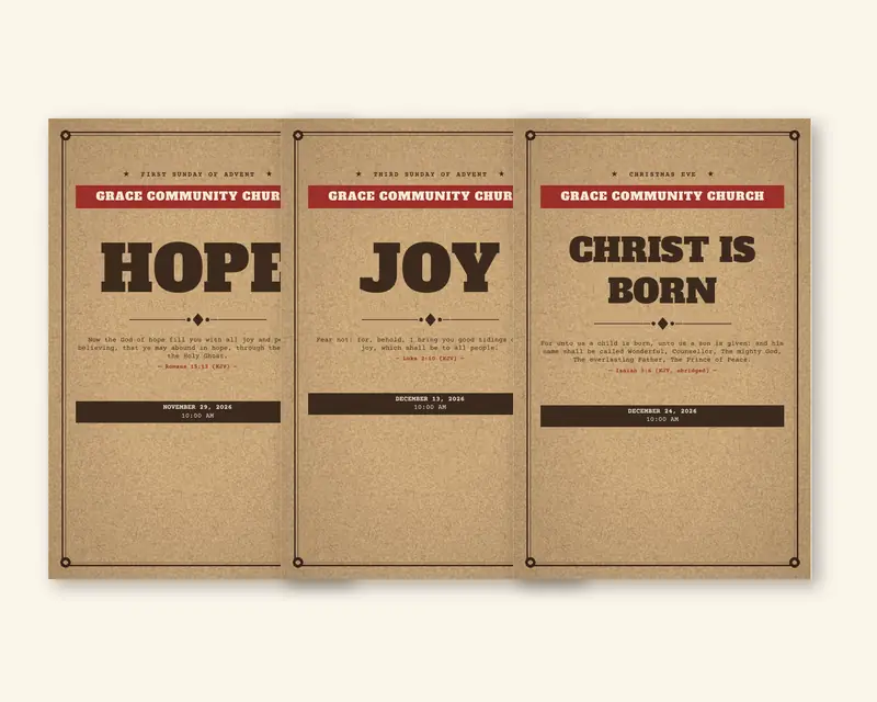 Vintage letterpress Advent bulletins (Sample design, fictional church)