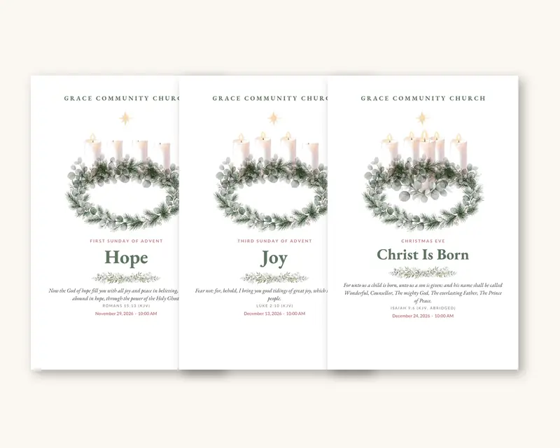 Watercolor Advent bulletins (Sample design, fictional church)