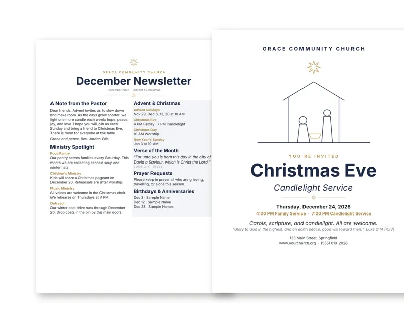 December Newsletter + Christmas Eve Flyer (Modern Minimal) (Sample design, fictional church)
