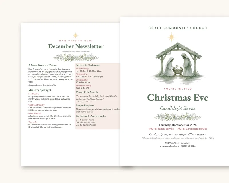 December Newsletter + Christmas Eve Flyer (Soft Watercolor) (Sample design, fictional church)