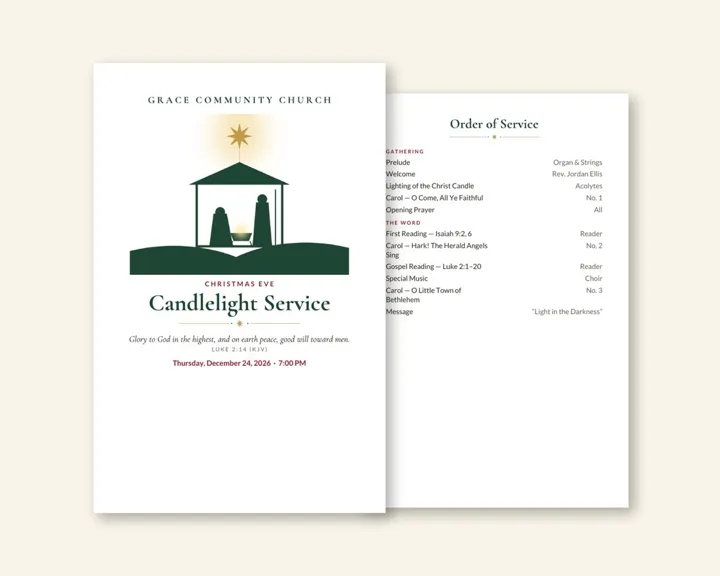 Christmas Eve program cover and order of service (Sample design, fictional church)