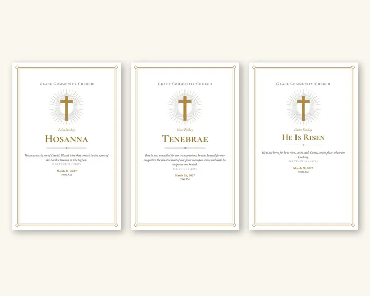 White and gold Easter bulletins (Sample design, fictional church)